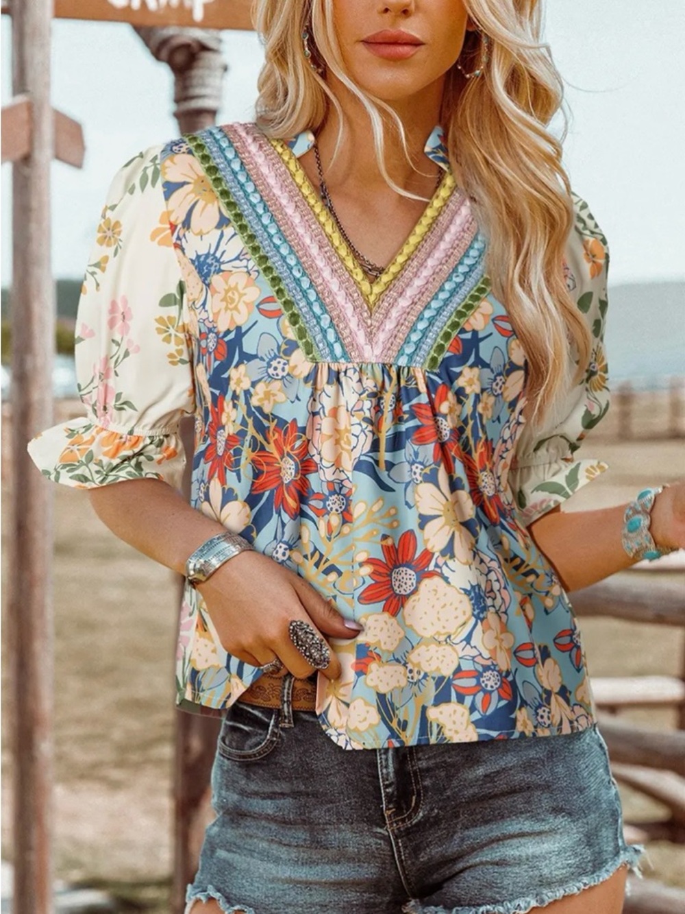 Boho Floral V-Neck Blouse